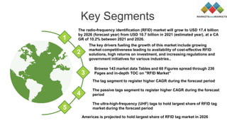 Key Segments
Americas is projected to hold largest share of RFID tag market in 2026
The key drivers fueling the growth of this market include growing
market competitiveness leading to availability of cost-effective RFID
solutions, high returns on investment, and increasing regulations and
government initiatives for various industries..
Browse 143 market data Tables and 60 Figures spread through 230
Pages and in-depth TOC on "RFID Market”
The tag segment to register higher CAGR during the forecast period
The passive tags segment to register higher CAGR during the forecast
period
The ultra-high-frequency (UHF) tags to hold largest share of RFID tag
market during the forecast period
The radio-frequency identification (RFID) market will grow to USD 17.4 billion
by 2026 (forecast year) from USD 10.7 billion in 2021 (estimated year), at a CA
GR of 10.2% between 2021 and 2026.
1
2
3
4
5
 