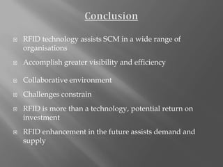 ConclusionRFID technology assists SCM in a wide range of organisations