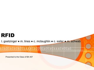 RFID
l. goetzinger ● m. lines ● c. mclaughlin ● c. sailer ● m. schwab
Presented to the Class of BA 457
 