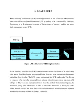 2. WHAT IS RFID ?

Radio frequency identification (RFID) technology has been in use for decades. Only recently,
lower cost and increased capabilities made RFID technology to be a commercially viable one.
There seems to be developments in support of the movement of inventory tracking and supply
chain management toward RFID.

Figure 1. Model System for RFID implementation

Radio frequency identification (RFID) is a system that transmits the identity of an object using
radio waves. This identification is transmitted in the form of a serial number that distinguishes
each object from the other. The RFID system is composed of a RFID reader and a Tag. The tag
is composed of a microchip connected to an antenna; microchip can store a maximum of 2
kilobyte of data, which can include information about the product, the manufacturing date, the
destination among other information. In order to retrieve the data stored in the tag we need a
reader, which is a device that emits radio waves, these radio waves are received by the tag which
activates the microchip and then the data get transmitted.

5

 