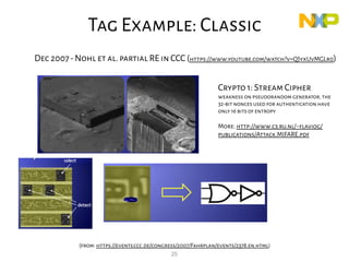 25
Dec 2007-Nohl et al.partial RE in CCC (https://www.youtube.com/watch?v=QJyxUvMGLr0)
(from: https://events.ccc.de/congress/2007/Fahrplan/events/2378.en.html)
Classic
Crypto 1: Stream Cipher
weakness on pseudorandom generator,the
32-bit nonces used for authentication have
only 16 bits of entropy
More: http://www.cs.ru.nl/~flaviog/
publications/Attack.MIFARE.pdf
Tag Example: Classic
 