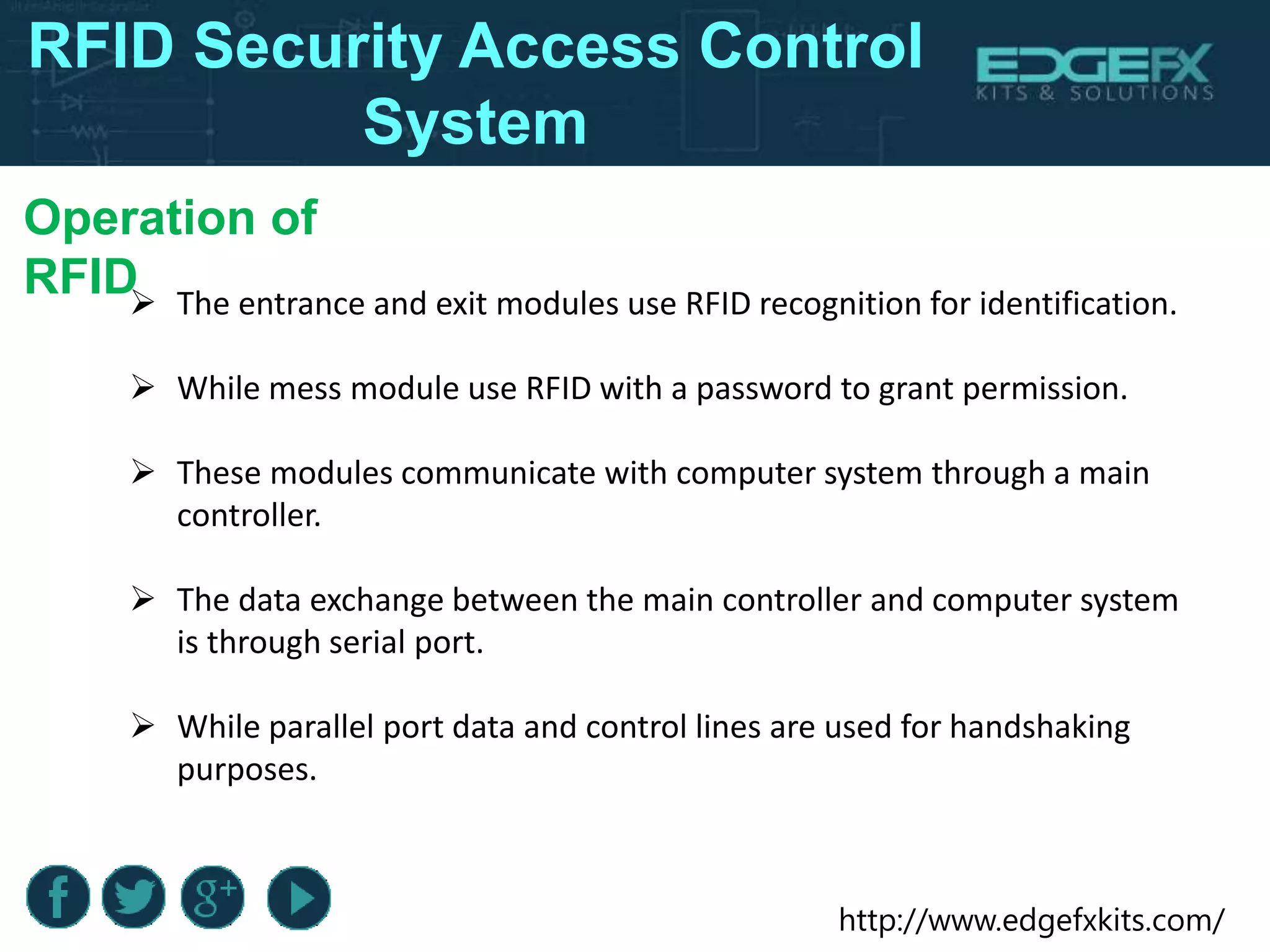http://www.edgefxkits.com/
RFID Security Access Control
System
Operation of
RFID The entrance and exit modules use RFID recognition for identification.
 While mess module use RFID with a password to grant permission.
 These modules communicate with computer system through a main
controller.
 The data exchange between the main controller and computer system
is through serial port.
 While parallel port data and control lines are used for handshaking
purposes.
 