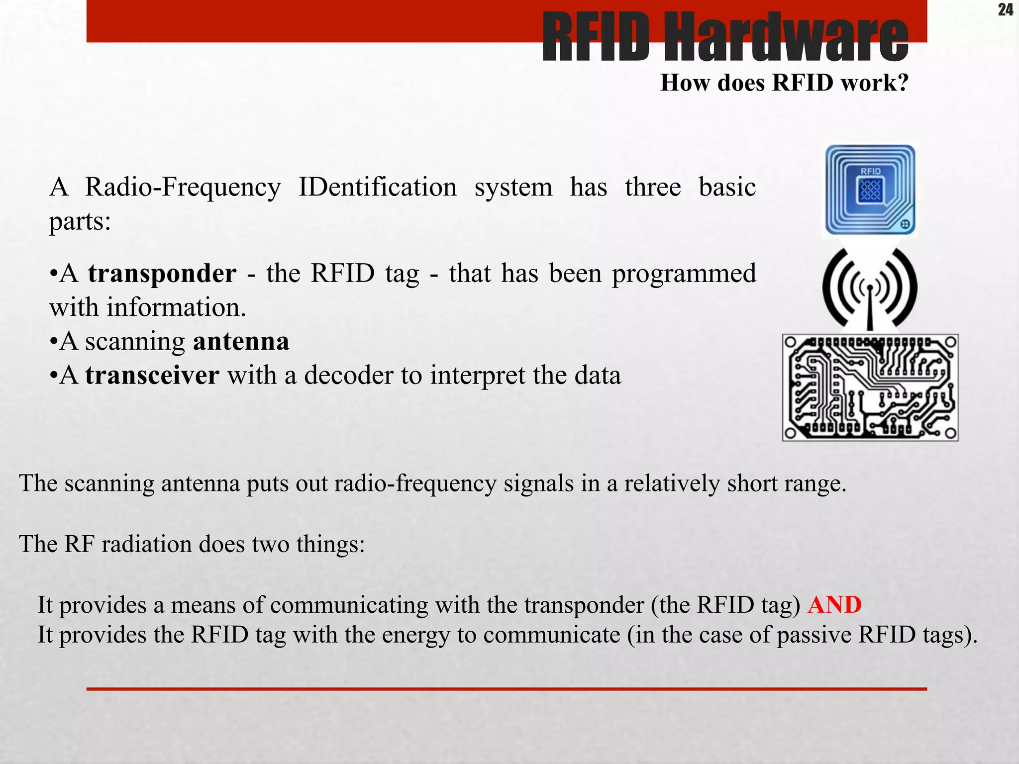 RFID Hardware
A Radio-Frequency IDentification system has three basic
parts:
• A transponder - the RFID tag - that has been programmed
with information.
• A scanning antenna
• A transceiver with a decoder to interpret the data
The scanning antenna puts out radio-frequency signals in a relatively short range.
The RF radiation does two things:
It provides a means of communicating with the transponder (the RFID tag) AND
It provides the RFID tag with the energy to communicate (in the case of passive RFID tags).
How does RFID work?
24
 