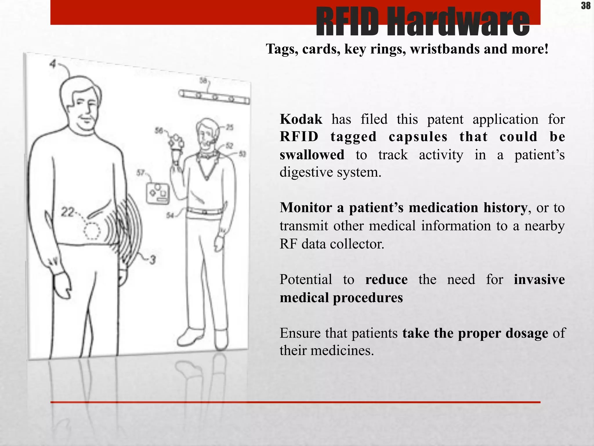Tags, cards, key rings, wristbands and more!
Kodak has filed this patent application for
RFID tagged capsules that could be
swallowed to track activity in a patient’s
digestive system.
Monitor a patient’s medication history, or to
transmit other medical information to a nearby
RF data collector.
Potential to reduce the need for invasive
medical procedures
Ensure that patients take the proper dosage of
their medicines.
RFID Hardware
38
 