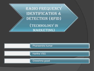 RADIO FREQUENCY
IDENTIFICATION &
DETECTION (RFID)
 (TECHNOLOGY IN
   MARKETING)



   Phaneendra kumar


   Haritha VSG


   Greeshma gopal
 