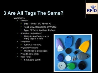 Variations:
 Memory

Size (16 bits - 512 kBytes +)

Read-Only, Read/Write or WORM

Type: EEProm, Antifuse, FeRam
 Arbitration (Anti-collision)

Ability to read/write one or
many tags at a time
 Frequency
 125KHz - 5.8 GHz
 Physical Dimensions

Thumbnail to Brick sizes
 Price ($0.50 to $250)
 Read Range

4 inches to 300 ft
3 Are All Tags The Same?
 