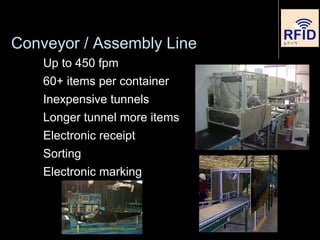Up to 450 fpm
60+ items per container
Inexpensive tunnels
Longer tunnel more items
Electronic receipt
Sorting
Electronic marking
Conveyor / Assembly Line
 