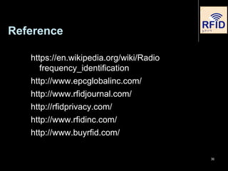Reference
36
https://en.wikipedia.org/wiki/Radio
frequency_identification
http://www.epcglobalinc.com/
http://www.rfidjournal.com/
http://rfidprivacy.com/
http://www.rfidinc.com/
http://www.buyrfid.com/
 