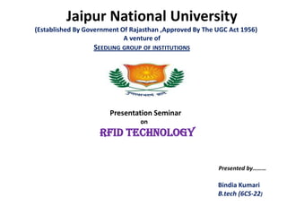 Jaipur National University
(Established By Government Of Rajasthan ,Approved By The UGC Act 1956)
A venture of
SEEDLING GROUP OF INSTITUTIONS
Presentation Seminar
on
RFID TECHNOLOGY
Presented by………
Bindia Kumari
B.tech (6CS-22)
 