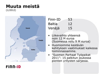 Muuta meistä
(1/2012)



               Finn-ID      53
               Baltia       12
               Venäjä       15

               • Liikevaihto yhteensä
                 noin 12 M euroa
                 (Suomessa reilu 9 M euroa)
               • Huomioimme kestävän
                 kehityksen vaatimukset kaikessa
                 toiminnassamme.
               • ”Suomen Parhaat Työpaikat
                 2011”: 15 palkitun joukossa
                 pienten yritysten sarjassa.
 