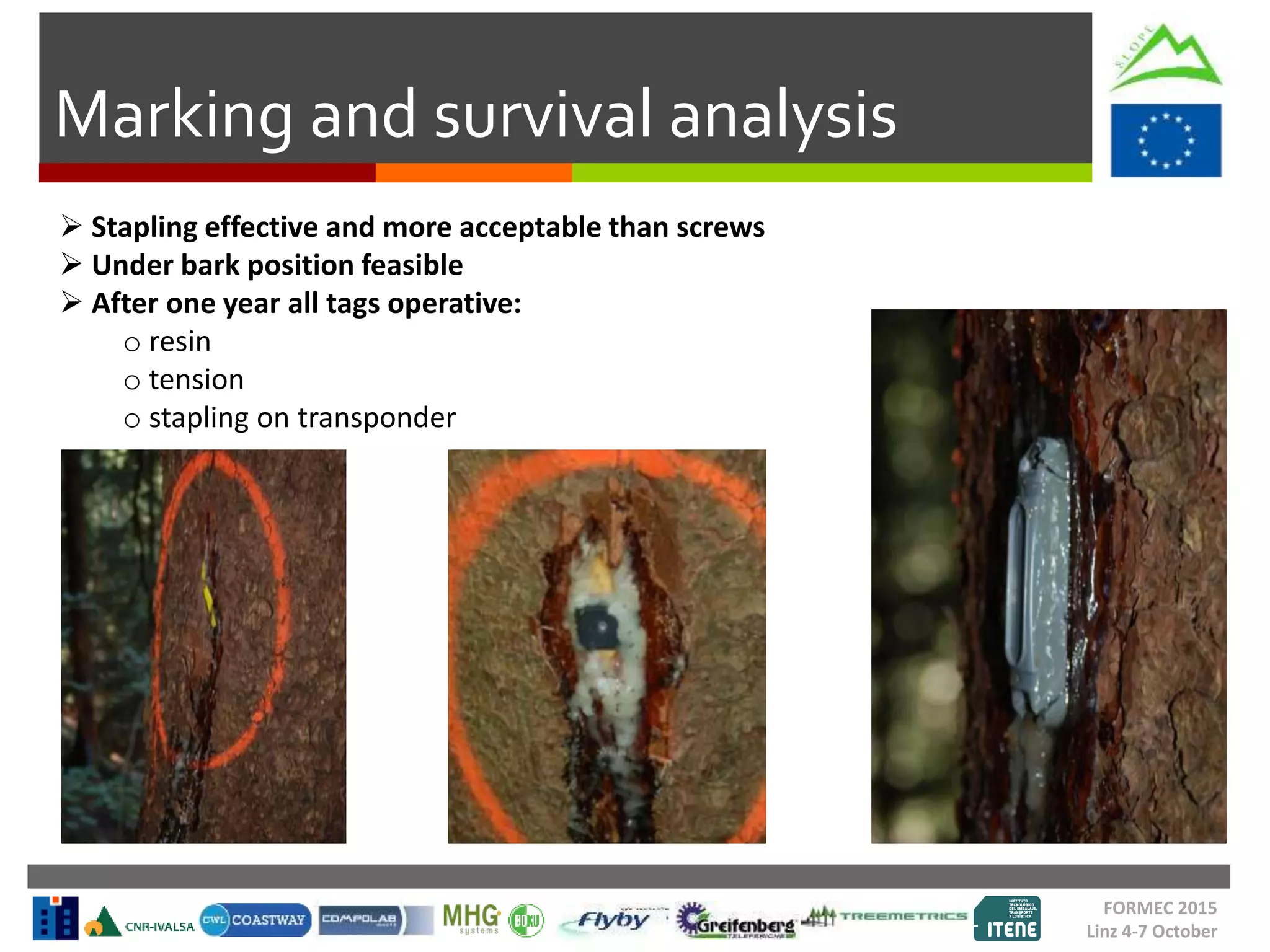 Marking and survival analysis
FORMEC 2015
Linz 4-7 October
 Stapling effective and more acceptable than screws
 Under bark position feasible
 After one year all tags operative:
o resin
o tension
o stapling on transponder
 