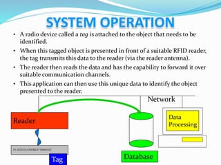 • A radio device called a tag is attached to the object that needs to be
identified.
• When this tagged object is presented in front of a suitable RFID reader,
the tag transmits this data to the reader (via the reader antenna).
• The reader then reads the data and has the capability to forward it over
suitable communication channels.
• This application can then use this unique data to identify the object
presented to the reader.
Reader
01.203D2A.916E8B.8719BAE03C
Tag Database
Network
Data
Processing
 
