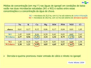 Médias de concentração (em mg l-1) nas águas de igarapé em condições de baixa
vazão nas duas microbacias estudadas (W1 e W2) e razões entre essas
concentrações e a concentração da água de chuva.
W1 = microbacia de 25,5 ha, com 4.1 ha sob sistema de corte-e-trituração
W2 = microbacia de 28,6 ha, com 3,5 ha sob sistema de derruba-e-queima
 Derruba-e-queima promoveu maior entrada de cálcio e nitrato no igarapé
Na K Ca Mg SO4 PO4 NO3 Cl
chuva 0,61 0,17 0,12 0,06 0,17 0,04 0,01 1,05
W1 1,45 0,09 0,16 0,20 0,41 0,03 0,02 2,63
W1/chuva 2,37 0,56 1,31 3,34 2,32 0,75 1,74 2,51
W2 1,40 0,20 0,61 0,29 0,81 0,02 0,04 2,58
W2/chuva 2,30 1,21 4,99 4,83 4,65 0,57 4,47 2,46
Fonte: Wickel, 2004
 