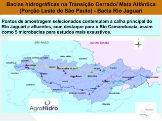 Bacias hidrográficas na Transição Cerrado/ Mata Atlântica
(Porção Leste de São Paulo) - Bacia Rio Jaguari
Pontos de amostragem selecionados contemplam a calha principal do
Rio Jaguari e afluentes, com destaque para o Rio Camanducaia, assim
como 5 microbacias para estudos mais exaustivos.
 