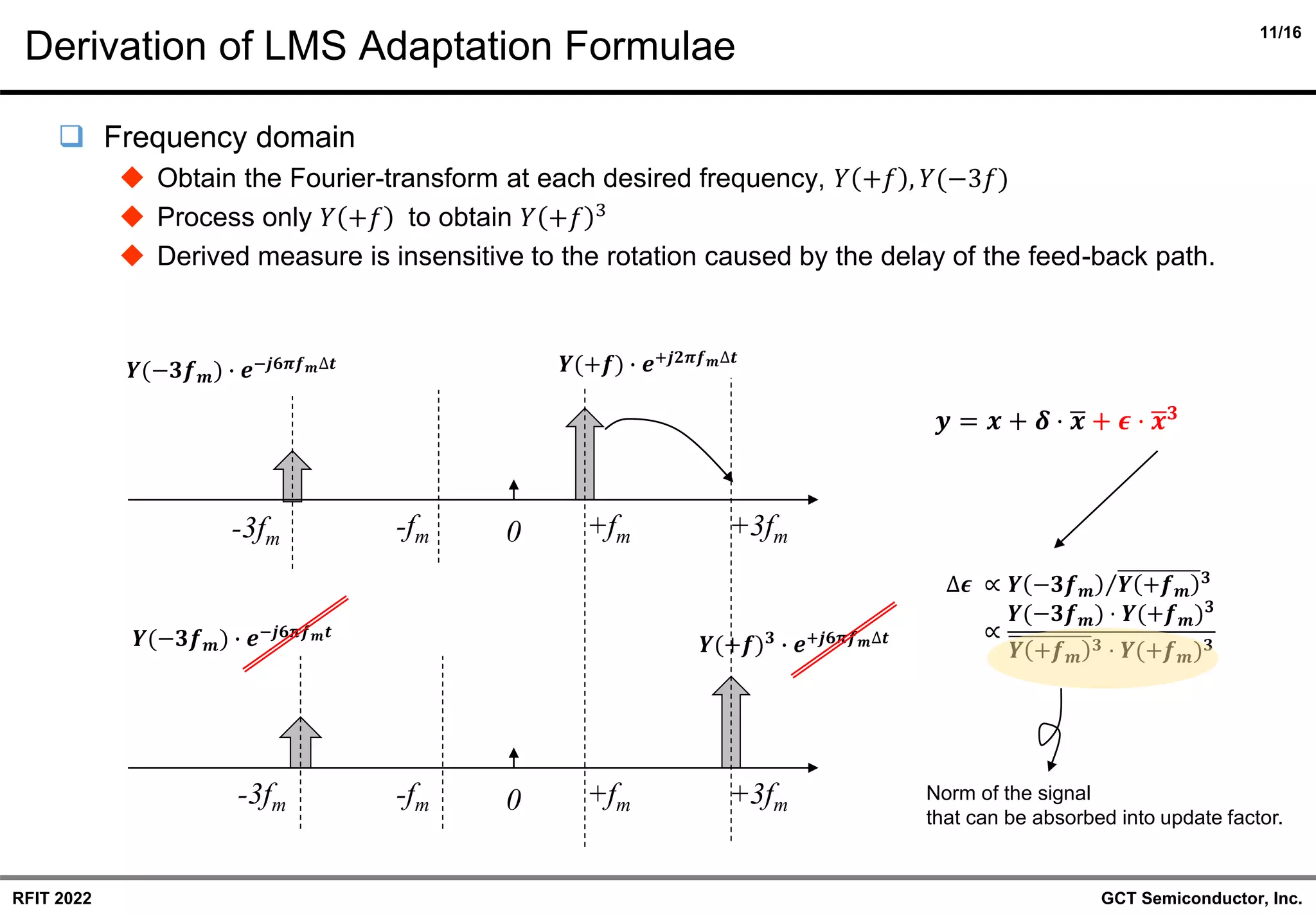 11/16
GCT Semiconductor, Inc.
RFIT 2022
Derivation of LMS Adaptation Formulae
❑ Frequency domain
◆ Obtain the Fourier-transform at each desired frequency, 𝑌 +𝑓 , 𝑌(−3𝑓)
◆ Process only 𝑌 +𝑓 to obtain 𝑌 +𝑓 3
◆ Derived measure is insensitive to the rotation caused by the delay of the feed-back path.
+fm +3fm
-3fm -fm 0
𝒀(−𝟑𝒇𝒎) ∙ 𝒆−𝒋𝟔𝝅𝒇𝒎∆𝒕 𝒀(+𝒇) ∙ 𝒆+𝒋𝟐𝝅𝒇𝒎∆𝒕
+fm +3fm
-3fm -fm 0
𝒀(+𝒇)𝟑
∙ 𝒆+𝒋𝟔𝝅𝒇𝒎∆𝒕
𝒀(−𝟑𝒇𝒎) ∙ 𝒆−𝒋𝟔𝝅𝒇𝒎𝒕
∆𝝐 ∝ Τ
𝒀 −𝟑𝒇𝒎 𝒀 +𝒇𝒎
𝟑
∝
𝒀(−𝟑𝒇𝒎) ⋅ 𝒀(+𝒇𝒎)𝟑
𝒀 +𝒇𝒎
𝟑 ⋅ 𝒀(+𝒇𝒎)𝟑
𝒚 = 𝒙 + 𝜹 ⋅ ഥ
𝒙 + 𝝐 ⋅ ഥ
𝒙𝟑
Norm of the signal
that can be absorbed into update factor.
 