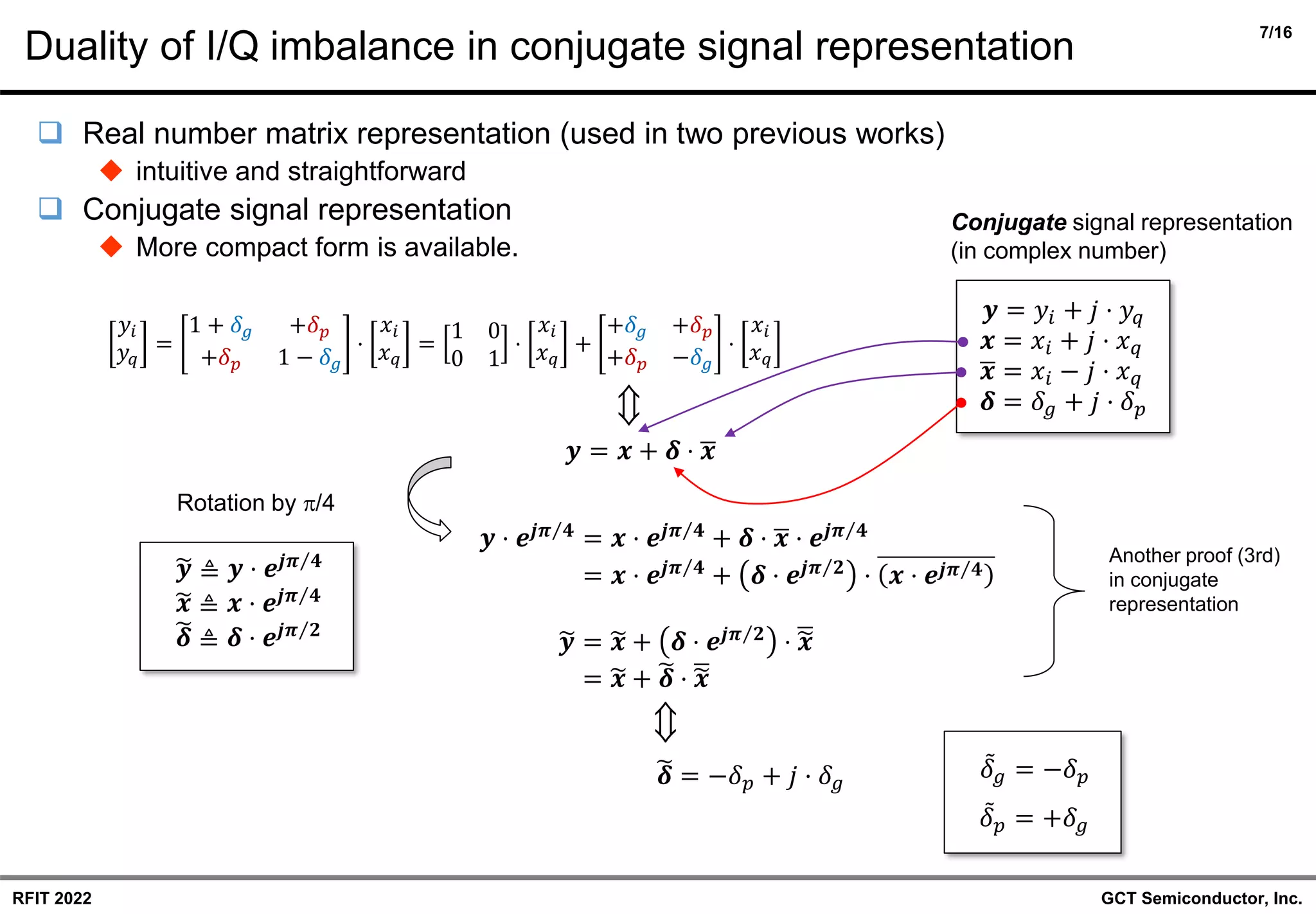 7/16
GCT Semiconductor, Inc.
RFIT 2022
Duality of I/Q imbalance in conjugate signal representation
❑ Real number matrix representation (used in two previous works)
◆ intuitive and straightforward
❑ Conjugate signal representation
◆ More compact form is available.
𝒚 = 𝒙 + 𝜹 ⋅ ഥ
𝒙
𝒚 ⋅ 𝒆𝒋 Τ
𝝅 𝟒
= 𝒙 ⋅ 𝒆𝒋 Τ
𝝅 𝟒
+ 𝜹 ⋅ ഥ
𝒙 ⋅ 𝒆𝒋 Τ
𝝅 𝟒
= 𝒙 ⋅ 𝒆𝒋 Τ
𝝅 𝟒
+ 𝜹 ⋅ 𝒆𝒋 Τ
𝝅 𝟐
⋅ 𝒙 ⋅ 𝒆𝒋 Τ
𝝅 𝟒
෥
𝒚 = ෥
𝒙 + 𝜹 ⋅ 𝒆𝒋 Τ
𝝅 𝟐
⋅ ഥ
෥
𝒙
= ෥
𝒙 + ෩
𝜹 ⋅ ഥ
෥
𝒙
෥
𝒚 ≜ 𝒚 ⋅ 𝒆𝒋 Τ
𝝅 𝟒
෥
𝒙 ≜ 𝒙 ⋅ 𝒆𝒋 Τ
𝝅 𝟒
෩
𝜹 ≜ 𝜹 ⋅ 𝒆𝒋 Τ
𝝅 𝟐
𝑦𝑖
𝑦𝑞
=
1 + 𝛿𝑔 +𝛿𝑝
+𝛿𝑝 1 − 𝛿𝑔
⋅
𝑥𝑖
𝑥𝑞
=
1 0
0 1
⋅
𝑥𝑖
𝑥𝑞
+
+𝛿𝑔 +𝛿𝑝
+𝛿𝑝 −𝛿𝑔
⋅
𝑥𝑖
𝑥𝑞
𝒚 = 𝑦𝑖 + 𝑗 ⋅ 𝑦𝑞
𝒙 = 𝑥𝑖 + 𝑗 ⋅ 𝑥𝑞
ഥ
𝒙 = 𝑥𝑖 − 𝑗 ⋅ 𝑥𝑞
𝜹 = 𝛿𝑔 + 𝑗 ⋅ 𝛿𝑝

Rotation by /4
෩
𝜹 = −𝛿𝑝 + 𝑗 ⋅ 𝛿𝑔

ሚ
𝛿𝑔 = −𝛿𝑝
ሚ
𝛿𝑝 = +𝛿𝑔
Conjugate signal representation
(in complex number)
Another proof (3rd)
in conjugate
representation
 