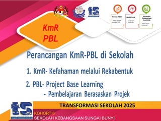 KmR
PBL
Perancangan KmR-PBL di Sekolah
1. KmR- Kefahaman melalui Rekabentuk
2. PBL- Project Base Learning
- Pembelajaran Berasaskan Projek
TRANSFORMASI SEKOLAH 2025
KOHORT 6
SEKOLAH KEBANGSAAN SUNGAI BUNYI
 
