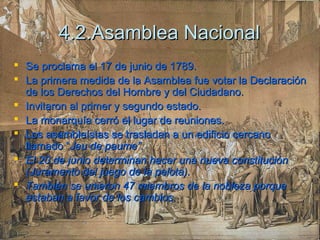 4.2.Asamblea Nacional4.2.Asamblea Nacional
 Se proclama el 17 de junio de 1789.Se proclama el 17 de junio de 1789.
 La primera medida de la Asamblea fue votar la DeclaraciónLa primera medida de la Asamblea fue votar la Declaración
de los Derechos del Hombre y del Ciudadano.de los Derechos del Hombre y del Ciudadano.
 Invitaron al primer y segundo estado.Invitaron al primer y segundo estado.
 La monarquía cerró el lugar de reuniones.La monarquía cerró el lugar de reuniones.
 Los asambleístas se trasladan a un edificio cercanoLos asambleístas se trasladan a un edificio cercano
llamado “llamado “Jeu de paume”.Jeu de paume”.
 El 20 de junio determinan hacer una nueva constituciónEl 20 de junio determinan hacer una nueva constitución
(Juramento del juego de la pelota).(Juramento del juego de la pelota).
 También se unieron 47 miembros de la nobleza porqueTambién se unieron 47 miembros de la nobleza porque
estaban a favor de los cambios.estaban a favor de los cambios.
 