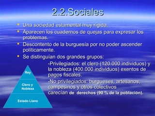 2.2.Sociales2.2.Sociales
 Una sociedad estamental muy rígida.Una sociedad estamental muy rígida.
 Aparecen los cuadernos de quejas para expresar losAparecen los cuadernos de quejas para expresar los
problemas.problemas.
 Descontento de la burguesía por no poder ascenderDescontento de la burguesía por no poder ascender
políticamente.políticamente.
 Se distinguían dos grandes grupos:Se distinguían dos grandes grupos:
-Privilegiados: el clero (120.000 individuos) y-Privilegiados: el clero (120.000 individuos) y
la nobleza (400.000 individuos) exentos dela nobleza (400.000 individuos) exentos de
pagos fiscales.pagos fiscales.
-No privilegiados: burgueses, artesanos,-No privilegiados: burgueses, artesanos,
campesinos y otros colectivoscampesinos y otros colectivos
carecíancarecían de derechos (90 % de la población).de derechos (90 % de la población).
Rey
Clero y
Nobleza
Estado Llano
 