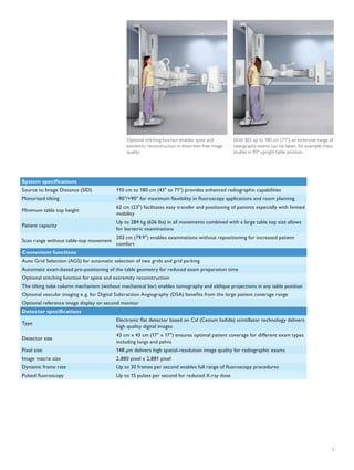 Optional stitching function enables spine and       With SID up to 180 cm (71"), an extensive range of
                                               extremity reconstruction in distortion-free image   radiography exams can be taken, for example chest
                                               quality.                                            studies in 90° upright table position.




System specifications
Source	to	Image	Distance	(SID)            110	cm	to	180	cm	(43"	to	71")	provides	enhanced	radiographic	capabilities
Motorized	tilting                         -	90°/+90°	for	maximum	flexibility	in	fluoroscopy	applications	and	room	planning
                                          62	cm	(23")	facilitates	easy	transfer	and	positioning	of	patients	especially	with	limited	
Minimum	table	top	height	
                                          mobility
                                          Up	to	284	kg	(626	lbs)	in	all	movements	combined	with	a	large	table	top	size	allows	
Patient	capacity	
                                          for	bariatric	examinations
                                          203	cm	(79.9")	enables	examinations	without	repositioning	for	increased	patient	
Scan	range	without	table-top	movement
                                          comfort
Convenient functions
Auto	Grid	Selection	(AGS)	for	automatic	selection	of	two	grids	and	grid	parking
Automatic	exam-based	pre-positioning	of	the	table	geometry	for	reduced	exam	preparation	time
Optional	stitching	function	for	spine	and	extremity	reconstruction
The	tilting	tube	column	mechanism	(without	mechanical	bar)	enables	tomography	and	oblique	projections	in	any	table	position
Optional	vascular	imaging	e.	g.	for	Digital	Subtraction	Angiography	(DSA)	benefits	from	the	large	patient	coverage	range
Optional	reference	image	display	on	second	monitor
Detector specifications
                                          Electronic	flat	detector	based	on	CsI	(Cesium	Iodide)	scintillator	technology	delivers	
Type
                                          high	quality	digital	images
                                          43	cm	x	43	cm	(17"	x	17")	ensures	optimal	patient	coverage	for	different	exam	types	
Detector	size
                                          including	lungs	and	pelvis
Pixel	size                                148	μm	delivers	high	spatial-resolution	image	quality	for	radiographic	exams
Image	matrix	size                         2,880	pixel	x	2,881	pixel
Dynamic	frame	rate	                       Up	to	30	frames	per	second	enables	full	range	of	fluoroscopy	procedures
Pulsed	fluoroscopy                        Up	to	15	pulses	per	second	for	reduced	X-ray	dose




                                                                                                                                                    3

The print quality of this copy is not an accurate representation of the original.
 