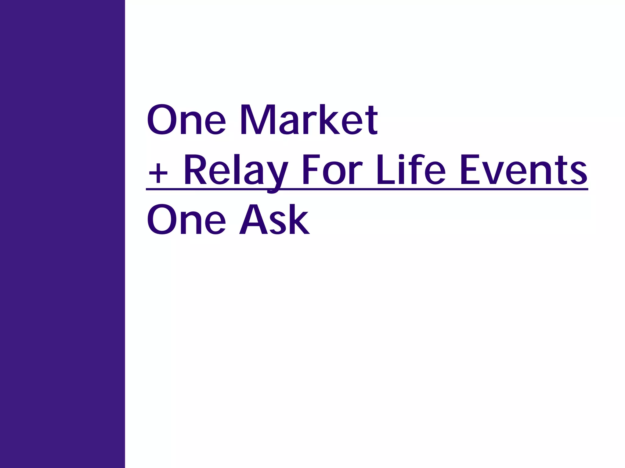 One Market
+ Relay For Life Events
One Ask
 