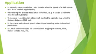 Application
 In paternity cases or criminal cases to determine the source of a DNA sample.
(i.e. it has forensic applications).
 Determining the disease status of an individual. (e.g. it can be used in the
detection of mutations)
 To measure recombination rates which can lead to a genetic map with the
distance between RFLP loci.
 In the characterization of genetic diversity or breeding patterns in animal
populations.
 RFLP has been developed for chromosomes mapping of humans, mice,
maize, tomato, rice, etc.
 