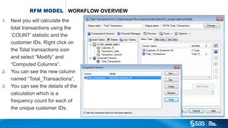 Copyr ight © 2012, SAS Institute Inc. All rights reser ved.
RFM MODEL WORKFLOW OVERVIEW
1. Next you will calculate the
total transactions using the
‘COUNT’ statistic and the
customer IDs. Right click on
the Total transactions icon
and select “Modify” and
“Computed Columns”.
2. You can see the new column
named “Total_Transactions”.
3. You can see the details of the
calculation which is a
frequency count for each of
the unique customer IDs.
 