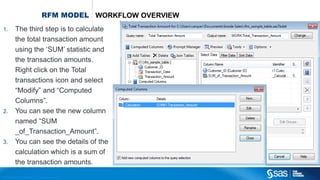 Copyr ight © 2012, SAS Institute Inc. All rights reser ved.
RFM MODEL WORKFLOW OVERVIEW
1. The third step is to calculate
the total transaction amount
using the ‘SUM’ statistic and
the transaction amounts.
Right click on the Total
transactions icon and select
“Modify” and “Computed
Columns”.
2. You can see the new column
named “SUM
_of_Transaction_Amount”.
3. You can see the details of the
calculation which is a sum of
the transaction amounts.
 