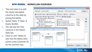 Copyr ight © 2012, SAS Institute Inc. All rights reser ved.
RFM MODEL WORKFLOW OVERVIEW
1. The next step is to add
the newly calculated
columns to the data by
joining the tables.
2. Select Tasks  Data 
Query Builder.
3. You will see the new
columns in the Select
Data tab.
4. Click on Join Tables to
see how the tables were
joined using Customer ID
as the common key.
 