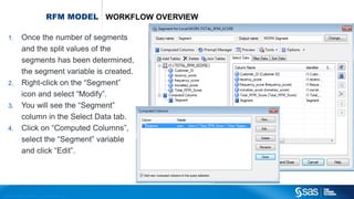 Copyr ight © 2012, SAS Institute Inc. All rights reser ved.
RFM MODEL WORKFLOW OVERVIEW
1. Once the number of segments
and the split values of the
segments has been determined,
the segment variable is created.
2. Right-click on the “Segment”
icon and select “Modify”.
3. You will see the “Segment”
column in the Select Data tab.
4. Click on “Computed Columns”,
select the “Segment” variable
and click “Edit”.
 