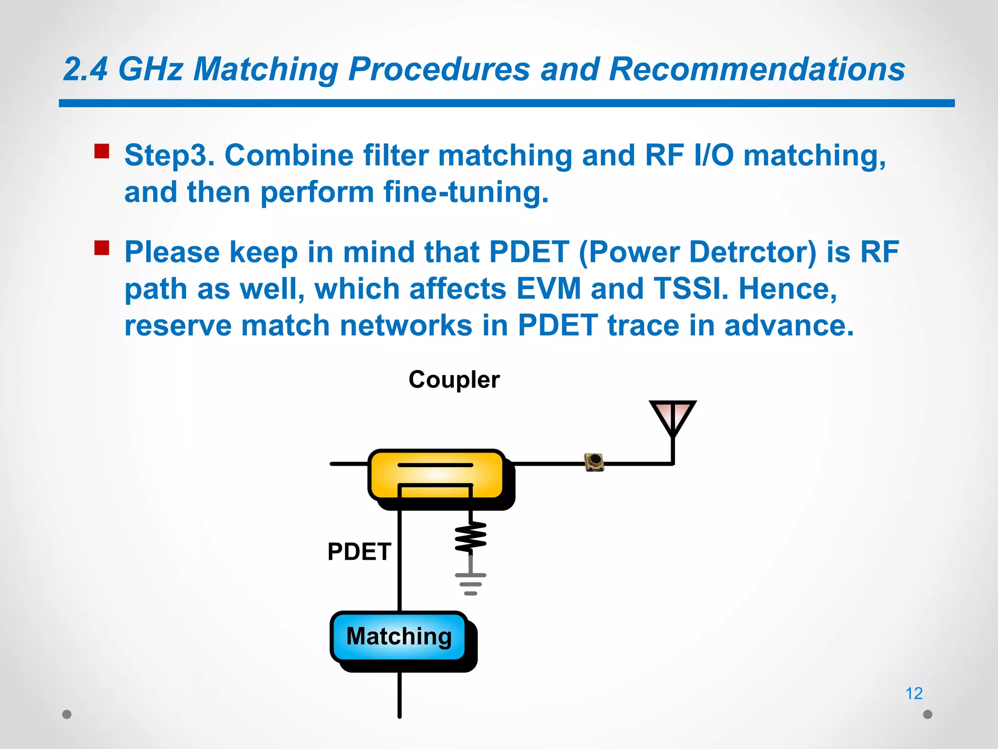 2.4 GHz Matching Procedures and Recommendations
 Step3. Combine filter matching and RF I/O matching,
and then perform fine-tuning.
 Please keep in mind that PDET (Power Detrctor) is RF
path as well, which affects EVM and TSSI. Hence,
reserve match networks in PDET trace in advance.
PDET
Coupler
Matching
12
 