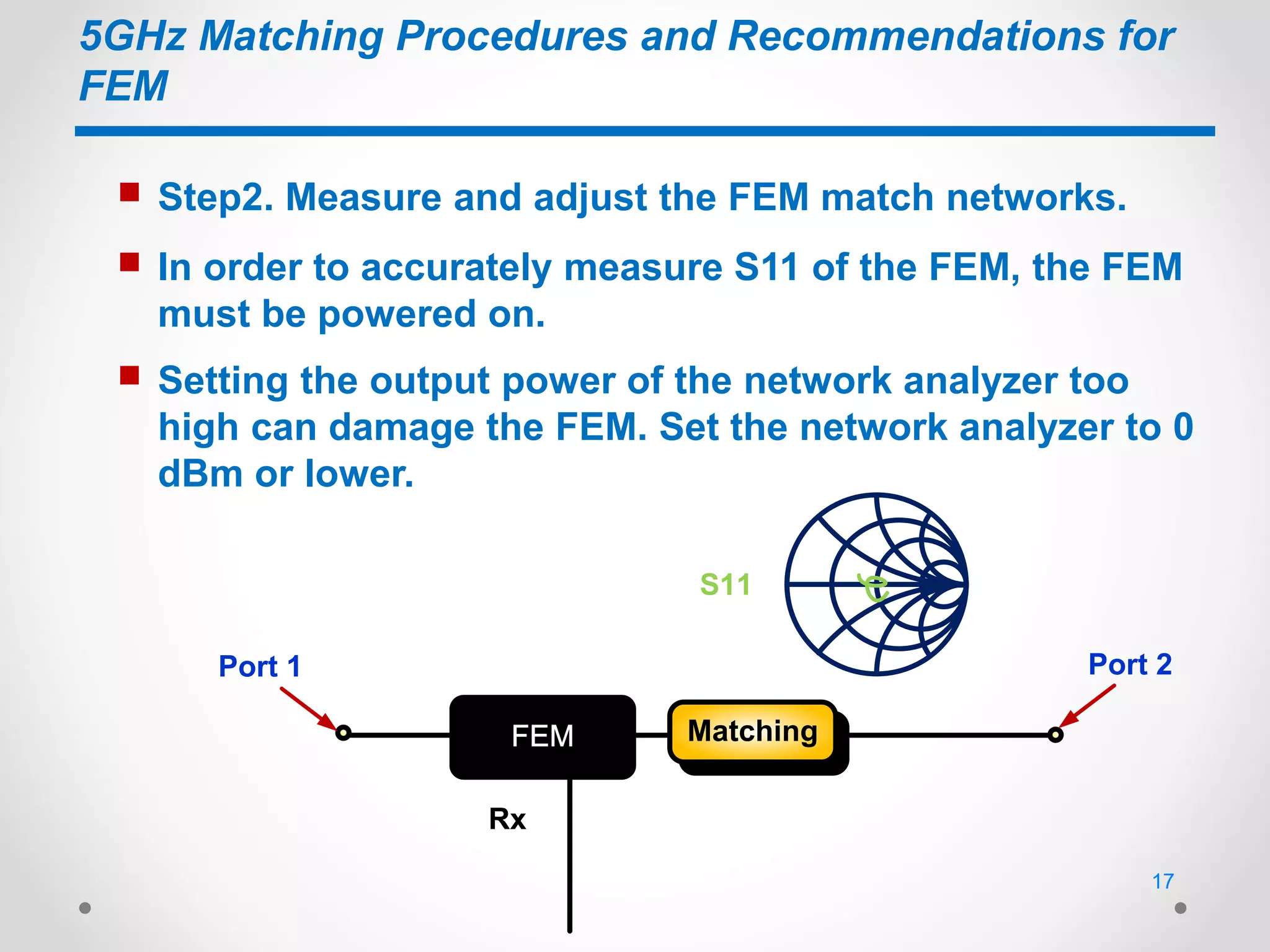 5GHz Matching Procedures and Recommendations for
FEM
 Step2. Measure and adjust the FEM match networks.
 In order to accurately measure S11 of the FEM, the FEM
must be powered on.
 Setting the output power of the network analyzer too
high can damage the FEM. Set the network analyzer to 0
dBm or lower.
MatchingFEM
Port 1 Port 2
Rx
S11
17
 