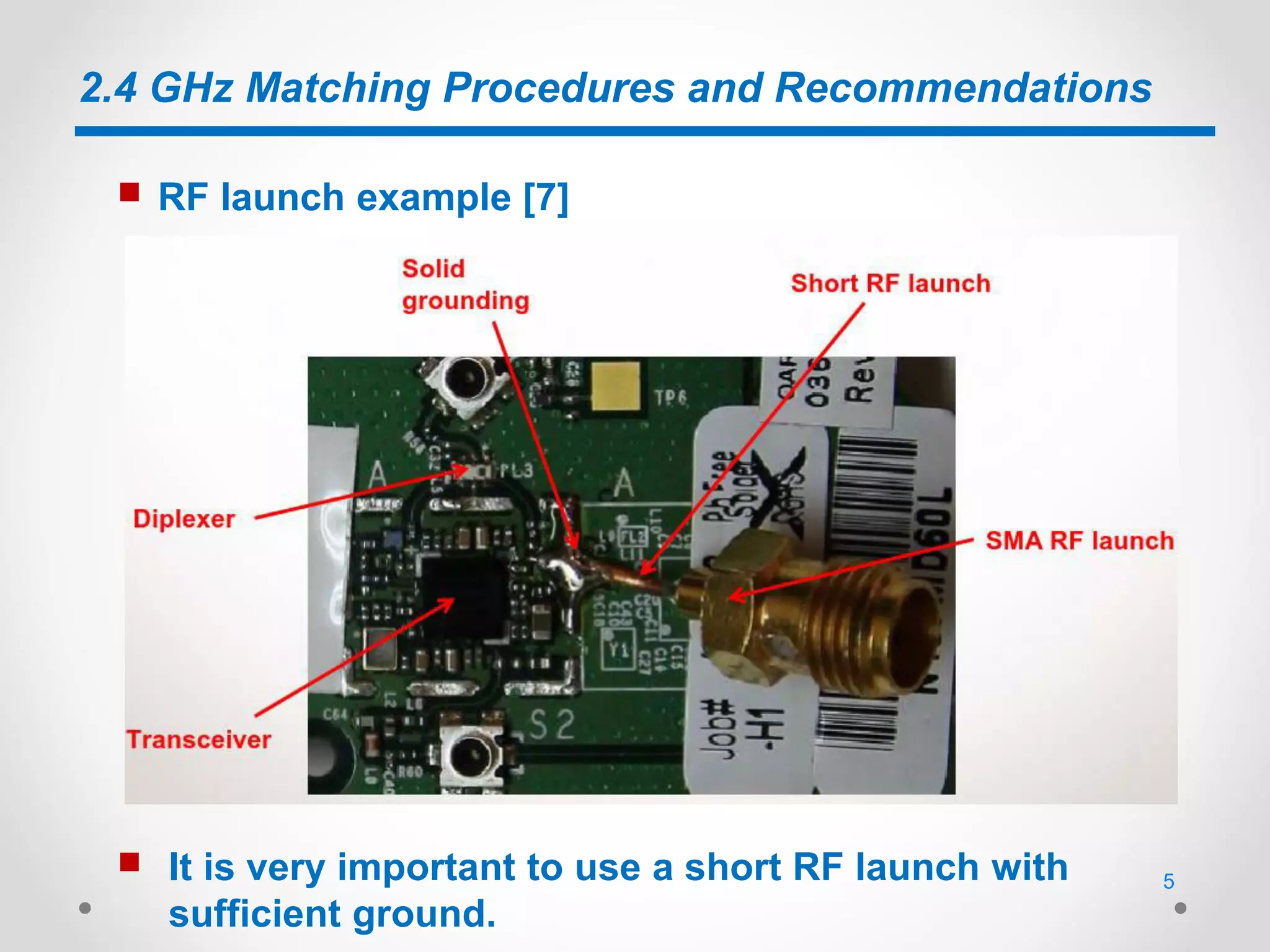 2.4 GHz Matching Procedures and Recommendations
 RF launch example [7]
 It is very important to use a short RF launch with
sufficient ground.
5
 