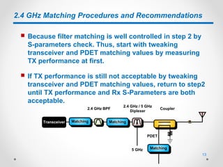 2.4 GHz Matching Procedures and Recommendations
 Because filter matching is well controlled in step 2 by
S-parameters check. Thus, start with tweaking
transceiver and PDET matching values by measuring
TX performance at first.
 If TX performance is still not acceptable by tweaking
transceiver and PDET matching values, return to step2
until TX performance and Rx S-Parameters are both
acceptable.
Transceiver
2.4 GHz BPF
2.4 GHz / 5 GHz
Diplexer
PDET
5 GHz
Coupler
Matching Matching
Matching
13
 