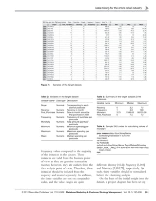 Data mining for the online retail industry
201
frequency values compared to the majority
of the instances in the dataset. These
instances are valid from the business point
of view as they are genuine transaction
records; however, they are outliers from the
data analysis point of view. Therefore, these
instances should be isolated from the
majority and treated separately. In addition,
the three variables are not on comparable
scales, and the value ranges are quite
different: Recency [0,12]; Frequency [1,169]
and Monetary [3,88125], respectively. As
such, these variables should be normalized
before the clustering analysis.
On the basis of the initial insight into the
dataset, a project diagram has been set up
Figure 1: Samples of the target dataset.
Table 2: Variables in the target dataset
Variable name Data type Description
Buyer Nominal Corresponding to each
distinct postcode
Recency Numeric Recency in month
First_Purchase Numeric Time in month since the
ﬁrst purchase in 2011
Frequency Numeric Frequency of purchase per
postcode
Monetary Numeric Total amount spent per
postcode
Minimum Numeric Minimum spending per
postcode
Maximum Numeric Maximum spending per
postcode
Mean Numeric Median spending per
postcode
Table 3: Summary of the target dataset (3799
instances)
Variable name Minimum Median Maximum
Recency 0 3.2 12
Frequency 1 4.9 169
Monetary 3.75 1586.63 88125.38
First_Purchase 0 7.5 12
Table 4: Sample SAS codes for calculating values of
monetary
proc means data=YourLibraryName.
SortedOriginalDataset n sum min
max mean;
var Amount;
by Postcode;
output out=YourLibraryName.TagretDatasetMonetary
(drop=_type_ _freq_) n=n sum=sum min=min max=max
mean=mean;
run;
© 2012 Macmillan Publishers Ltd. 1741-2439 Database Marketing & Customer Strategy Management Vol. 19, 3, 197–208
 