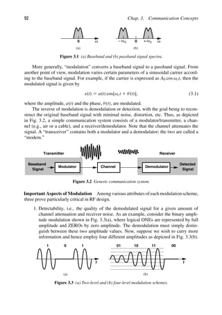 92 Chap. 3. Communication Concepts
0
0 w wc wc w
(a) (b)
Figure 3.1 (a) Baseband and (b) passband signal spectra.
More generally, “modulation” converts a baseband signal to a passband signal. From
another point of view, modulation varies certain parameters of a sinusoidal carrier accord-
ing to the baseband signal. For example, if the carrier is expressed as A0 cos ωct, then the
modulated signal is given by
x(t) 5 a(t) cos[ωct 1 θ(t)], (3.1)
where the amplitude, a(t) and the phase, θ(t), are modulated.
The inverse of modulation is demodulation or detection, with the goal being to recon-
struct the original baseband signal with minimal noise, distortion, etc. Thus, as depicted
in Fig. 3.2, a simple communication system consists of a modulator/transmitter, a chan-
nel (e.g., air or a cable), and a receiver/demodulator. Note that the channel attenuates the
signal. A “transceiver” contains both a modulator and a demodulator; the two are called a
“modem.”
Baseband
Signal
Modulator Channel Demodulator
Detected
Signal
Transmitter Receiver
Figure 3.2 Generic communication system.
Important Aspects of Modulation Among various attributes of each modulation scheme,
three prove particularly critical in RF design.
1. Detectability, i.e., the quality of the demodulated signal for a given amount of
channel attenuation and receiver noise. As an example, consider the binary ampli-
tude modulation shown in Fig. 3.3(a), where logical ONEs are represented by full
amplitude and ZEROs by zero amplitude. The demodulation must simply distin-
guish between these two amplitude values. Now, suppose we wish to carry more
information and hence employ four different amplitudes as depicted in Fig. 3.3(b).
t t
(a) (b)
1 0 1 01 10 11 00
Figure 3.3 (a) Two-level and (b) four-level modulation schemes.
 