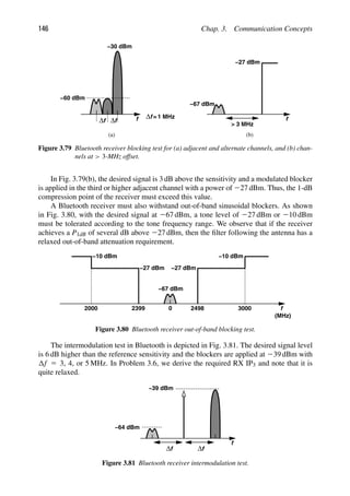 146 Chap. 3. Communication Concepts
f
f
Δ f
Δ
f =1 MHz
Δ
−60 dBm
−30 dBm
f
−67 dBm
−27 dBm
 3 MHz
(a) (b)
Figure 3.79 Bluetooth receiver blocking test for (a) adjacent and alternate channels, and (b) chan-
nels at  3-MHz offset.
In Fig. 3.79(b), the desired signal is 3 dB above the sensitivity and a modulated blocker
is applied in the third or higher adjacent channel with a power of 227 dBm. Thus, the 1-dB
compression point of the receiver must exceed this value.
A Bluetooth receiver must also withstand out-of-band sinusoidal blockers. As shown
in Fig. 3.80, with the desired signal at 267 dBm, a tone level of 227 dBm or 210 dBm
must be tolerated according to the tone frequency range. We observe that if the receiver
achieves a P1dB of several dB above 227 dBm, then the ﬁlter following the antenna has a
relaxed out-of-band attenuation requirement.
f
3000
0
−67 dBm
2498
−27 dBm
−10 dBm
(MHz)
−27 dBm
−10 dBm
2399
2000
Figure 3.80 Bluetooth receiver out-of-band blocking test.
The intermodulation test in Bluetooth is depicted in Fig. 3.81. The desired signal level
is 6 dB higher than the reference sensitivity and the blockers are applied at 239 dBm with
f 5 3, 4, or 5 MHz. In Problem 3.6, we derive the required RX IP3 and note that it is
quite relaxed.
f
−39 dBm
−64 dBm
f
Δ f
Δ
Figure 3.81 Bluetooth receiver intermodulation test.
 