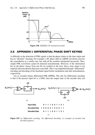 Sec. 3.8. Appendix I: Differential Phase Shift Keying 151
f
0
Relative
Power
(dB)
(MHz)
−30
0
−50
11 22
sinc
2
Figure 3.86 IEEE802.11b transmission mask.
3.8 APPENDIX I: DIFFERENTIAL PHASE SHIFT KEYING
A difﬁculty in the detection of PSK signals is that the phase relates to the time origin and
has no “absolute” meaning. For example, a 908 phase shift in a QPSK waveform converts
the constellation to a similar one, but with all the symbols interpreted incorrectly. Thus,
simple PSK waveforms cannot be detected noncoherently. However, if the information
lies in the phase change from one bit (or symbol) to the next, then a time origin is not
required and noncoherent detection is possible. This is accomplished through “differential”
encoding and decoding of the baseband signal before modulation and after demodulation,
respectively.
Let us consider binary differential PSK (DPSK). The rule for differential encoding
is that if the present input bit is a ONE, then the output state of the encoder does not
D Q
CK
Din
)
(mTb
D )
(mTb
out
(b)
D Q
CK
Din
)
(mTb
D )
(mTb
out
0 1 1 1 0 0 1 1 0 1
1 0 0 0 0 1 0 0 0 1 1
0 1 1 1 0 0 1 1 0 1
Input Data
Encoded Data
Decoded Data
(c)
(a)
Figure 3.87 (a) Differential encoding, (b) differential decoding, (c) example of encoded and
decoded sequence.
 