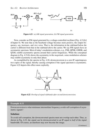 Sec. 4.2. Receiver Architectures 173
ω
0 f
( (
S f
f LO f
( (
S f −f LO
f LO
VCO
f f
c
(a)
(b)
t
)
(t
xBB
Figure 4.21 (a) AM signal generation, (b) FM signal generation.
Now, consider an FM signal generated by a voltage-controlled oscillator [Fig. 4.21(b)]
(Chapter 8). We note that as the baseband voltage becomes more positive, the output fre-
quency, say, increases, and vice versa. That is, the information in the sideband below the
carrier is different from that in the sideband above the carrier. We say FM signals have an
asymmetric spectrum. Most of today’s modulation schemes, e.g., FSK, QPSK, GMSK, and
QAM, exhibit asymmetric spectra around their carrier frequencies. While the conceptual
diagram in Fig. 4.21(b) shows the asymmetry in the magnitude, some modulation schemes
may exhibit asymmetry in only their phase.
As exempliﬁed by the spectra in Fig. 4.20, downconversion to a zero IF superimposes
two copies of the signal, thereby causing corruption if the signal spectrum is asymmetric.
Figure 4.22 depicts this effect more explicitly.
0 ω
ω
+ IF1
ωIF1
−
0 ω
Figure 4.22 Overlap of signal sidebands after second downconversion.
Example 4.11
Downconversion to what minimum intermediate frequency avoids self-corruption of asym-
metric signals?
Solution:
To avoid self-corruption, the downconverted spectra must not overlap each other. Thus, as
shown in Fig. 4.23, the signal can be downconverted to an IF equal to half of the signal
bandwidth. Of course, an interferer may now become the image.
(Continues)
 
