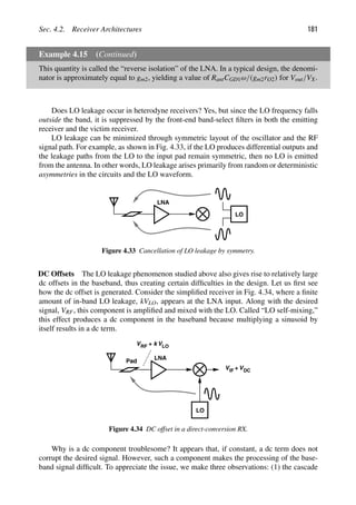 Sec. 4.2. Receiver Architectures 181
Example 4.15 (Continued)
This quantity is called the “reverse isolation” of the LNA. In a typical design, the denomi-
nator is approximately equal to gm2, yielding a value of RantCGD1ω/(gm2rO2) for Vout/VX.
Does LO leakage occur in heterodyne receivers? Yes, but since the LO frequency falls
outside the band, it is suppressed by the front-end band-select ﬁlters in both the emitting
receiver and the victim receiver.
LO leakage can be minimized through symmetric layout of the oscillator and the RF
signal path. For example, as shown in Fig. 4.33, if the LO produces differential outputs and
the leakage paths from the LO to the input pad remain symmetric, then no LO is emitted
from the antenna. In other words, LO leakage arises primarily from random or deterministic
asymmetries in the circuits and the LO waveform.
LNA
LO
Figure 4.33 Cancellation of LO leakage by symmetry.
DC Offsets The LO leakage phenomenon studied above also gives rise to relatively large
dc offsets in the baseband, thus creating certain difﬁculties in the design. Let us ﬁrst see
how the dc offset is generated. Consider the simpliﬁed receiver in Fig. 4.34, where a ﬁnite
amount of in-band LO leakage, kVLO, appears at the LNA input. Along with the desired
signal, VRF, this component is ampliﬁed and mixed with the LO. Called “LO self-mixing,”
this effect produces a dc component in the baseband because multiplying a sinusoid by
itself results in a dc term.
LNA
Pad
LO
VRF + k VLO
V + V
IF DC
Figure 4.34 DC offset in a direct-conversion RX.
Why is a dc component troublesome? It appears that, if constant, a dc term does not
corrupt the desired signal. However, such a component makes the processing of the base-
band signal difﬁcult. To appreciate the issue, we make three observations: (1) the cascade
 