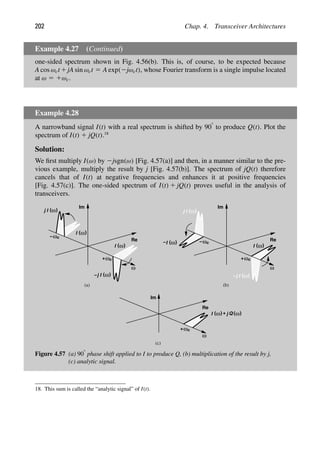 202 Chap. 4. Transceiver Architectures
Example 4.27 (Continued)
one-sided spectrum shown in Fig. 4.56(b). This is, of course, to be expected because
A cos ωct1jA sin ωct 5 A exp(2jωct), whose Fourier transform is a single impulse located
at ω 5 1ωc.
Example 4.28
A narrowband signal I(t) with a real spectrum is shifted by 908 to produce Q(t). Plot the
spectrum of I(t) 1 jQ(t).18
Solution:
We ﬁrst multiply I(ω) by 2jsgn(ω) [Fig. 4.57(a)] and then, in a manner similar to the pre-
vious example, multiply the result by j [Fig. 4.57(b)]. The spectrum of jQ(t) therefore
cancels that of I(t) at negative frequencies and enhances it at positive frequencies
[Fig. 4.57(c)]. The one-sided spectrum of I(t) 1 jQ(t) proves useful in the analysis of
transceivers.
ω
Re
Im
ωc
−
ωc
+
( )
ω
( )
ω
j
( )
ω
( )
ω
j
−
(a) (b)
I
I
I
I
ω
Re
Im
ωc
−
ωc
+
( )
ω
j
( )
ω
( )
ω
j
−
I
I
I
( )
ω
I
−
ω
Re
Im
ωc
+
( )
ω
I ( )
ω
j
+ Q
(c)
Figure 4.57 (a) 908 phase shift applied to I to produce Q, (b) multiplication of the result by j,
(c) analytic signal.
18. This sum is called the “analytic signal” of I(t).
 