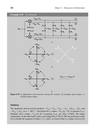 220 Chap. 4. Transceiver Architectures
Example 4.35 (Continued)
1
jV
V
+
out1
Vout2
−
V
−
Vout3
Vout4
t
cos
t
sinω
ωLO
LO
VRF
R1
C1
V
R
C2
2
Vsig
+ Vim
Vsig V
− im
−
+
sig
+ im
jV −jV
sig im
jV jV
− +
3
4
2
out1 Vout2
R
C
Vout3
3
3
R
C
V
4
4
out4
sig
jVsig
sig
1
3
4
2
Vsig
+
jV
+
−
V
−
jV
1
3
V
+
2
4
Vout1 V
= = = 0
(c)
(a)
(b)
im
im
im
im
out4
Figure 4.79 (a) Quadrature downconverter driving RC sections, (b) resulting signal output, (c)
resulting image output.
Solution:
The quadrature downconverter produces 1Vsig 1 Vim, 2Vsig 2 Vim, 1jVsig 2 jVim, and
2jVsig 1 jVim. At ω 5 (RC)21, the branch R1C1 rotates 1Vsig by 2458 to generate Vout1.
Similarly, R2C2 rotates 2Vsig by 458 to generate Vout2, etc. [Fig. 4.79(b)]. The image
components, on the other hand, yield a zero output [Fig. 4.79(c)]. The key point here is that,
if we consider the sequence of nodes 1, 2, 3, and 4, we observe that Vsig rotates clockwise by
 