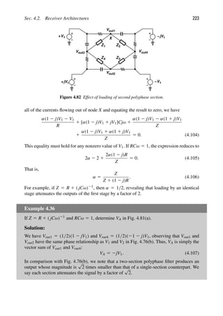 Sec. 4.2. Receiver Architectures 223
V
V 1
jV
+
out1
Vout2
Vout4
Vout3
1 −
1
jV
+ V1
−
Z1 Z2
Z Z
4 3
X
Figure 4.82 Effect of loading of second polyphase section.
all of the currents ﬂowing out of node X and equating the result to zero, we have
α(1 2 j)V1 2 V1
R
1 [α(1 2 j)V1 1 jV1]Cjω 1
α(1 2 j)V1 2 α(1 1 j)V1
Z
1
α(1 2 j)V1 1 α(1 1 j)V1
Z
5 0. (4.104)
This equality must hold for any nonzero value of V1. If RCω 5 1, the expression reduces to
2α 2 2 1
2α(1 2 j)R
Z
5 0. (4.105)
That is,
α 5
Z
Z 1 (1 2 j)R
. (4.106)
For example, if Z 5 R 1 ( jCω)21, then α 5 1/2, revealing that loading by an identical
stage attenuates the outputs of the ﬁrst stage by a factor of 2.
Example 4.36
If Z 5 R 1 ( jCω)21 and RCω 5 1, determine VA in Fig. 4.81(a).
Solution:
We have Vout1 5 (1/2)(1 2 jV1) and Vout4 5 (1/2)(21 2 j)V1, observing that Vout1 and
Vout2 have the same phase relationship as V1 and V2 in Fig. 4.76(b). Thus, VA is simply the
vector sum of Vout1 and Vout4:
VA 5 2jV1. (4.107)
In comparison with Fig. 4.76(b), we note that a two-section polyphase ﬁlter produces an
output whose magnitude is
√
2 times smaller than that of a single-section counterpart. We
say each section attenuates the signal by a factor of
√
2.
 