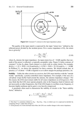 Sec. 5.1. General Considerations 259
Zin
Re{ }
Zin}
Im{
1.02
−10 dB
50Ω
50Ω
1.065
1.22
−20 dB −15 dB
2.0
1.22 + j0.703
Figure 5.4 Constant- contours in the input impedance plane.
The quality of the input match is expressed by the input “return loss,” deﬁned as the
reﬂected power divided by the incident power. For a source impedance of RS, the return
loss is given by2
5
Zin 2 RS
Zin 1 RS
2
, (5.10)
where Zin denotes the input impedance. An input return loss of 210 dB signiﬁes that one-
tenth of the power is reﬂected—a typically acceptable value. Figure 5.4 plots contours of
constant in the Zin plane. Each contour is a circle with its center shown. For example,
Re{Zin} 5 1.22 3 50  5 61  and Im{Zin} 5 0.703 3 50  5 35.2  yield S11 5 210 dB.
In Problem 5.1, we derive the equations for these contours. We should remark that, in
practice, a of about 215 dB is targeted so as to allow margin for package parasitics, etc.
Stability Unlike the other circuits in a receiver, the LNA must interface with the “outside
world,” speciﬁcally, a poorly-controlled source impedance. For example, if the user of a
cell phone wraps his/her hand around the antenna, the antenna impedance changes.3
For
this reason, the LNA must remain stable for all source impedances at all frequencies. One
may think that the LNA must operate properly only in the frequency band of interest and
not necessarily at other frequencies, but if the LNA begins to oscillate at any frequency, it
becomes highly nonlinear and its gain is very heavily compressed.
A parameter often used to characterize the stability of circuits is the “Stern stability
factor,” deﬁned as
K 5
1 1 | |2 2 |S11|2 2 |S22|2
2|S21||S12|
, (5.11)
2. Note that is sometimes deﬁned as (Zin 2 RS)/(Zin 1 RS), in which case it is expressed in decibels by
computing 20 log (rather than 10 log ).
3. In the presence of a front-end band-select ﬁlter, the LNA sees smaller changes in the source impedance.
 