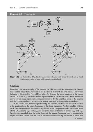 Sec. 6.1. General Considerations 345
Example 6.3 (Continued)
LNA
LO
RF
Mixer
ω
BPF
ωRF
LO1
A
ω
SA
Smix
RF
LNA
Output Noise
ωim
RF
Channel
ωIF
ω ω
SA
Smix
RF
LNA
Output Noise
ω
ωIF
im
(a)
(b) (c)
ω
ω
ω
Figure 6.12 (a) Heterodyne RX, (b) downconversion of noise with image located out of band,
(c) downconversion of noise with image located in band.
Solution:
In the ﬁrst case, the selectivity of the antenna, the BPF, and the LNA suppresses the thermal
noise in the image band. Of course, the RF mixer still folds its own noise. The overall
behavior is illustrated in Fig. 6.12(b), where SA denotes the noise spectrum at the output
of the LNA and Smix the noise in the input network of the mixer itself. Thus, the mixer
downconverts three signiﬁcant noise components to IF: the ampliﬁed noise of the antenna
and the LNA around ωRF, its own noise around ωRF, and its image noise around ωim.
In the second case, the noise produced by the antenna, the BPF, and the LNA exhibits
a ﬂat spectrum from the image frequency to the signal frequency. As shown in Fig. 6.12(c),
the RF mixer now downconverts four signiﬁcant noise components to IF: the output noise
of the LNA around ωRF and ωim, and the input noise of the mixer around ωRF and ωim.
We therefore conclude that the noise ﬁgure of the second frequency plan is substantially
higher than that of the ﬁrst. In fact, if the noise contributed by the mixer is much less
(Continues)
 