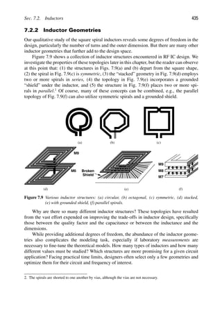 Sec. 7.2. Inductors 435
7.2.2 Inductor Geometries
Our qualitative study of the square spiral inductors reveals some degrees of freedom in the
design, particularly the number of turns and the outer dimension. But there are many other
inductor geometries that further add to the design space.
Figure 7.9 shows a collection of inductor structures encountered in RF IC design. We
investigate the properties of these topologies later in this chapter, but the reader can observe
at this point that: (1) the structures in Figs. 7.9(a) and (b) depart from the square shape,
(2) the spiral in Fig. 7.9(c) is symmetric, (3) the “stacked” geometry in Fig. 7.9(d) employs
two or more spirals in series, (4) the topology in Fig. 7.9(e) incorporates a grounded
“shield” under the inductor, and (5) the structure in Fig. 7.9(f) places two or more spi-
rals in parallel.2
Of course, many of these concepts can be combined, e.g., the parallel
topology of Fig. 7.9(f) can also utilize symmetric spirals and a grounded shield.
M9
M8
M7
(a) (b) (c)
(d) (f)
M9
M6 Broken
Shield
(e)
Figure 7.9 Various inductor structures: (a) circular, (b) octagonal, (c) symmetric, (d) stacked,
(e) with grounded shield, (f) parallel spirals.
Why are there so many different inductor structures? These topologies have resulted
from the vast effort expended on improving the trade-offs in inductor design, speciﬁcally
those between the quality factor and the capacitance or between the inductance and the
dimensions.
While providing additional degrees of freedom, the abundance of the inductor geome-
tries also complicates the modeling task, especially if laboratory measurements are
necessary to ﬁne-tune the theoretical models. How many types of inductors and how many
different values must be studied? Which structures are more promising for a given circuit
application? Facing practical time limits, designers often select only a few geometries and
optimize them for their circuit and frequency of interest.
2. The spirals are shorted to one another by vias, although the vias are not necessary.
 
