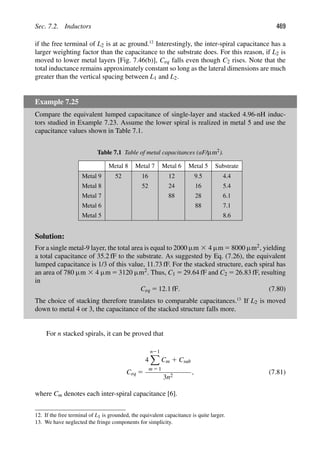 Sec. 7.2. Inductors 469
if the free terminal of L2 is at ac ground.12
Interestingly, the inter-spiral capacitance has a
larger weighting factor than the capacitance to the substrate does. For this reason, if L2 is
moved to lower metal layers [Fig. 7.46(b)], Ceq falls even though C2 rises. Note that the
total inductance remains approximately constant so long as the lateral dimensions are much
greater than the vertical spacing between L1 and L2.
Example 7.25
Compare the equivalent lumped capacitance of single-layer and stacked 4.96-nH induc-
tors studied in Example 7.23. Assume the lower spiral is realized in metal 5 and use the
capacitance values shown in Table 7.1.
Table 7.1 Table of metal capacitances (aF/μm2).
Metal 8 Metal 7 Metal 6 Metal 5 Substrate
Metal 9 52 16 12 9.5 4.4
Metal 8 52 24 16 5.4
Metal 7 88 28 6.1
Metal 6 88 7.1
Metal 5 8.6
Solution:
For a single metal-9 layer, the total area is equal to 2000 μm 3 4 μm 5 8000 μm2, yielding
a total capacitance of 35.2 fF to the substrate. As suggested by Eq. (7.26), the equivalent
lumped capacitance is 1/3 of this value, 11.73 fF. For the stacked structure, each spiral has
an area of 780 μm 3 4 μm 5 3120 μm2. Thus, C1 5 29.64 fF and C2 5 26.83 fF, resulting
in
Ceq 5 12.1 fF. (7.80)
The choice of stacking therefore translates to comparable capacitances.13
If L2 is moved
down to metal 4 or 3, the capacitance of the stacked structure falls more.
For n stacked spirals, it can be proved that
Ceq 5
4
n21

m 5 1
Cm 1 Csub
3n2
, (7.81)
where Cm denotes each inter-spiral capacitance [6].
12. If the free terminal of L1 is grounded, the equivalent capacitance is quite larger.
13. We have neglected the fringe components for simplicity.
 