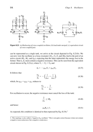 516 Chap. 8. Oscillators
M
M 1 2
I SS
Y
X
C1
Rp
L1
C1
Rp
L1
VDD
N
M
M 1 2
I SS
Y
X
C1
Rp
L1
2
2
2
Z 1
g V
V m2
2 2
g V
m1 1 V1
VX I X
(a) (b) (c)
Figure 8.21 (a) Redrawing of cross-coupled oscillator, (b) load tanks merged, (c) equivalent circuit
of cross-coupled pair.
can be represented as a single tank, we arrive at the circuit depicted in Fig. 8.21(b). We
can now view the oscillator as a lossy resonator (2L1, C1/2, and 2Rp) tied to the port of an
active circuit (M1, M2, and ISS), expecting that the latter replenishes the energy lost in the
former. That is, Z1 must contain a negative resistance. This can be seen from the equivalent
circuit shown in Fig. 8.21(c), where V1 2 V2 5 VX and
IX 5 2 gm1V1 5 gm2V2. (8.37)
It follows that
VX
IX
5 2

1
gm1
1
1
gm2

, (8.38)
which, for gm1 5 gm2 5 gm, reduces to
VX
IX
5 2
2
gm
. (8.39)
For oscillation to occur, the negative resistance must cancel the loss of the tank:
2
gm
≤ 2Rp (8.40)
and hence
gmRp ≥ 1. (8.41)
As expected, this condition is identical to that expressed by Eq. (8.34).3
3. This topology is also called a “negative-Gm oscillator.” This is not quite correct because it does not contain
a negative transconductance but a negative conductance.
 