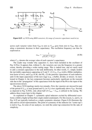520 Chap. 8. Oscillators
L C
M
VDD
RP
L
C
M 1 2
1
1 1
I SS
Y
X
M v1 M v2
Vcont
Cvar
Cmax
Cmin
0
VDD Vcont
(a) (b)
Rp
2
Figure 8.25 (a) VCO using MOS varactors, (b) range of varactor capacitance used in (a).
across each varactor varies from VDD to zero as Vcont goes from zero to VDD, thus cre-
ating a monotonic decrease in their capacitance. The oscillation frequency can thus be
expressed as
ωosc 5
1
√
L1(C1 1 Cvar)
, (8.50)
where Cvar denotes the average value of each varactor’s capacitance.
The reader may wonder why capacitors C1 have been included in the oscillator of
Fig. 8.25(a). It appears that, without C1, the varactors can vary the frequency to a greater
extent, thereby providing a wider tuning range. This is indeed true, and we rarely need
to add a constant capacitance to the tank deliberately. In other words, C1 simply models
the inevitable capacitances appearing at X and Y: (1) CGS, CGD (with a Miller multiplica-
tion factor of two), and CDB of M1 and M2, (2) the parasitic capacitance of each inductor,
and (3) the input capacitance of the next stage (e.g., a buffer, divider, or mixer). As men-
tioned in Chapter 4, the last component becomes particularly signiﬁcant on the transmit
side due to the “propagation” of the capacitance from the input of the PA to the input of the
upconversion mixers.
The above VCO topology merits two remarks. First, the varactors are stressed for part
of the period if Vcont is near ground and VX (or VY) rises signiﬁcantly above VDD. Second,
as depicted in Fig. 8.25(b), only about half of Cmax 2 Cmin is utilized in the tuning. We
address these issues later in this chapter.
As explained in Chapter 7, symmetric spiral inductors excited by differential wave-
forms exhibit a higher Q than their single-ended counterparts. For this reason, L1 and L2 in
Fig. 8.25 are typically realized as a single symmetric structure. Figure 8.26 illustrates the
idea and its circuit representation. The point of symmetry of the inductor (its “center tap”)
is tied to VDD. In some of our analyses, we omit the center tap connection for the sake of
simplicity.
 