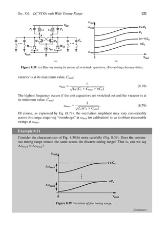 Sec. 8.6. LC VCOs with Wide Tuning Range 533
L
M
L
M 1 2
1 1
(a) (b)
VDD
I SS
0 Vcont
M v1 M v2
Vcont
Y
X
Cu
ωout
ωmax
ωmin
Cu
n
Cu
n )
) −1
Cu
Cu
0 x
C C1
1
Figure 8.38 (a) Discrete tuning by means of switched capacitors, (b) resulting characteristics.
varactor is at its maximum value, Cmax:
ωmin 5
1
√
L1(C1 1 Cmax 1 nCu)
. (8.78)
The highest frequency occurs if the unit capacitors are switched out and the varactor is at
its minimum value, Cmin:
ωmax 5
1
√
L1(C1 1 Cmin)
. (8.79)
Of course, as expressed by Eq. (8.77), the oscillation amplitude may vary considerably
across this range, requiring “overdesign” at ωmax (or calibration) so as to obtain reasonable
swings at ωmin.
Example 8.21
Consider the characteristics of Fig. 8.38(b) more carefully (Fig. 8.39). Does the continu-
ous tuning range remain the same across the discrete tuning range? That is, can we say
ωosc1 ≈ ωosc2?
0 Vcont
ωout
Cu
n
Cu
0 x
Δωosc1
Δωosc2
Figure 8.39 Variation of ﬁne tuning range.
(Continues)
 